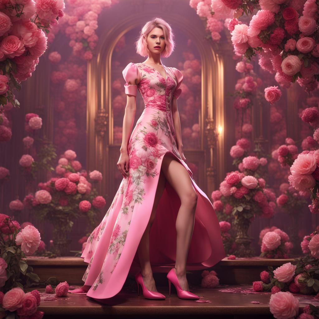 A girly boy pretty in pink floral dress with pink high heels