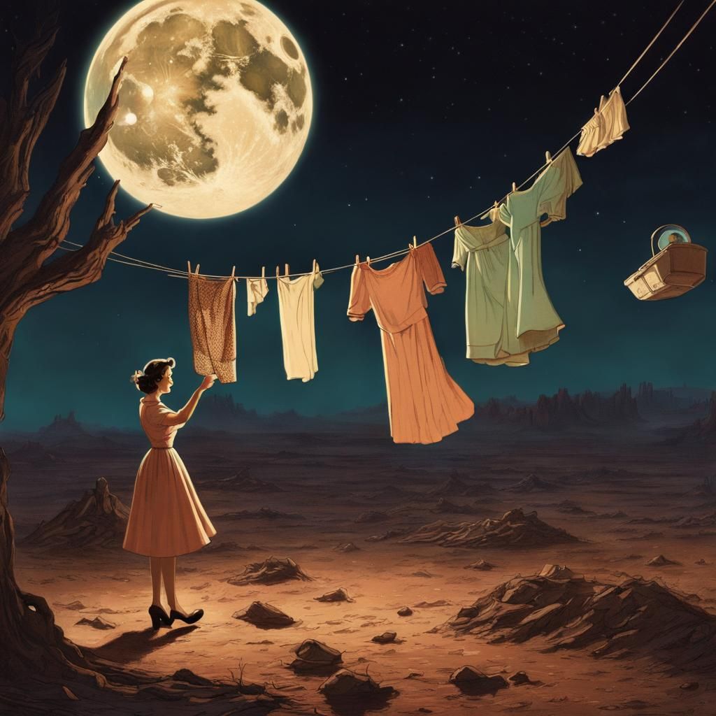 On the moon a housewife in hangs laundry.