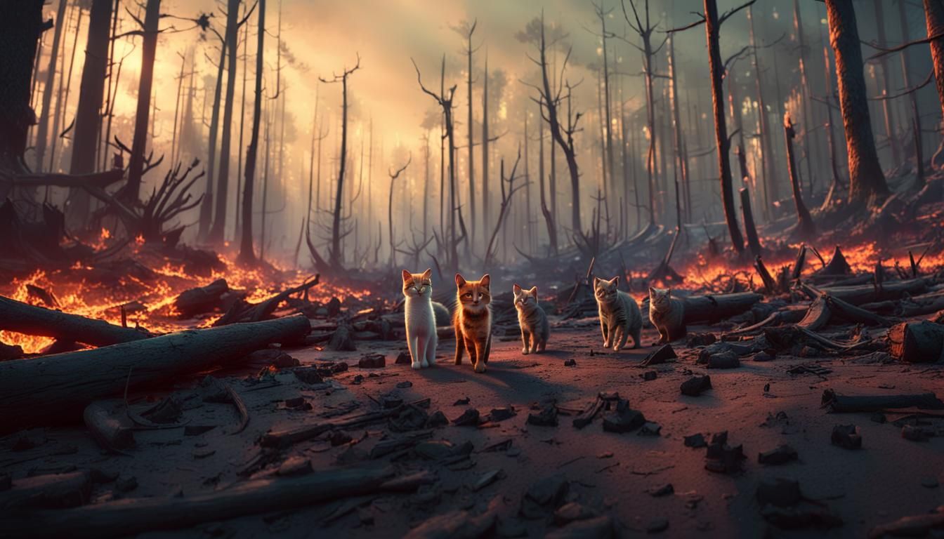 Small cats walking through a big completely burned down fore...