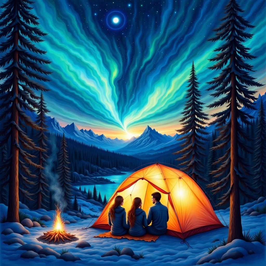 <lora:Colorful Magic Flux:1.0> a beautiful couple sitting outside a beautiful transparent camping tent watching the stunning starry night wi...
