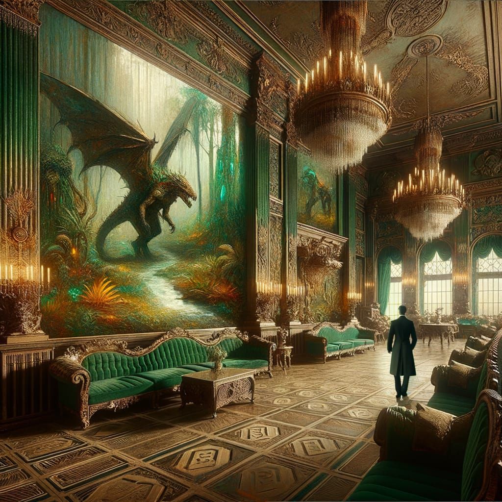 A vampire, exuding dark beauty, is depicted in a dimly lit, opulent ballroom from the 1920s, but the room is subtly dissolving into a prehis...