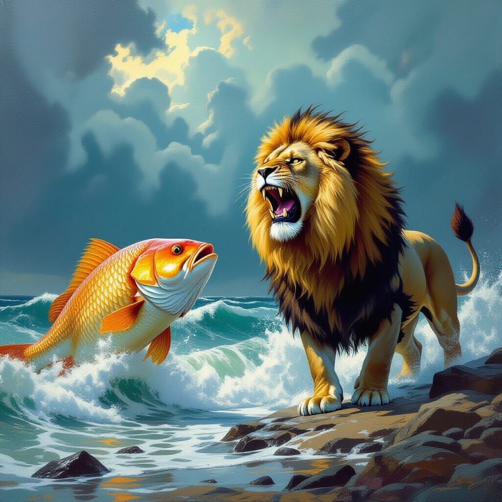 Lion Roaring at Enormous Fish in Stormy Sea