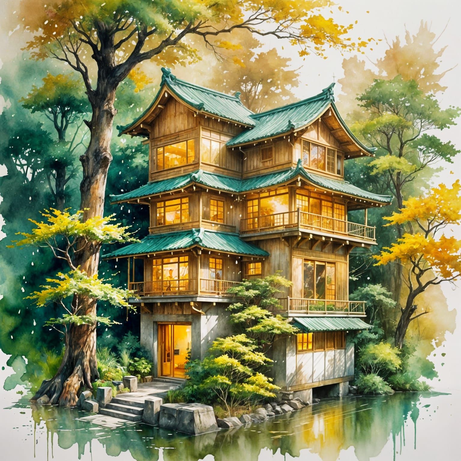 Luxurious Gold Japanese House Amidst Emerald Trees
