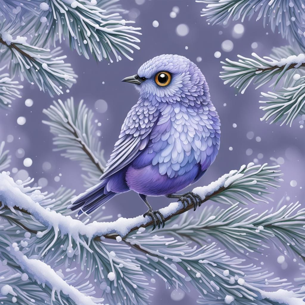 Quirky Bird with Big Lavender Eyes, Frosted Icy Periwinkle, ...