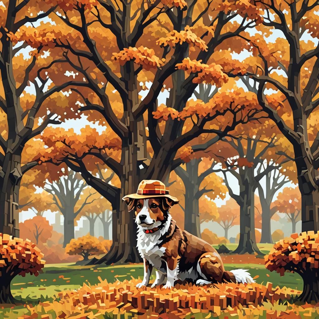 Dog in a Hat Under an Oak Tree