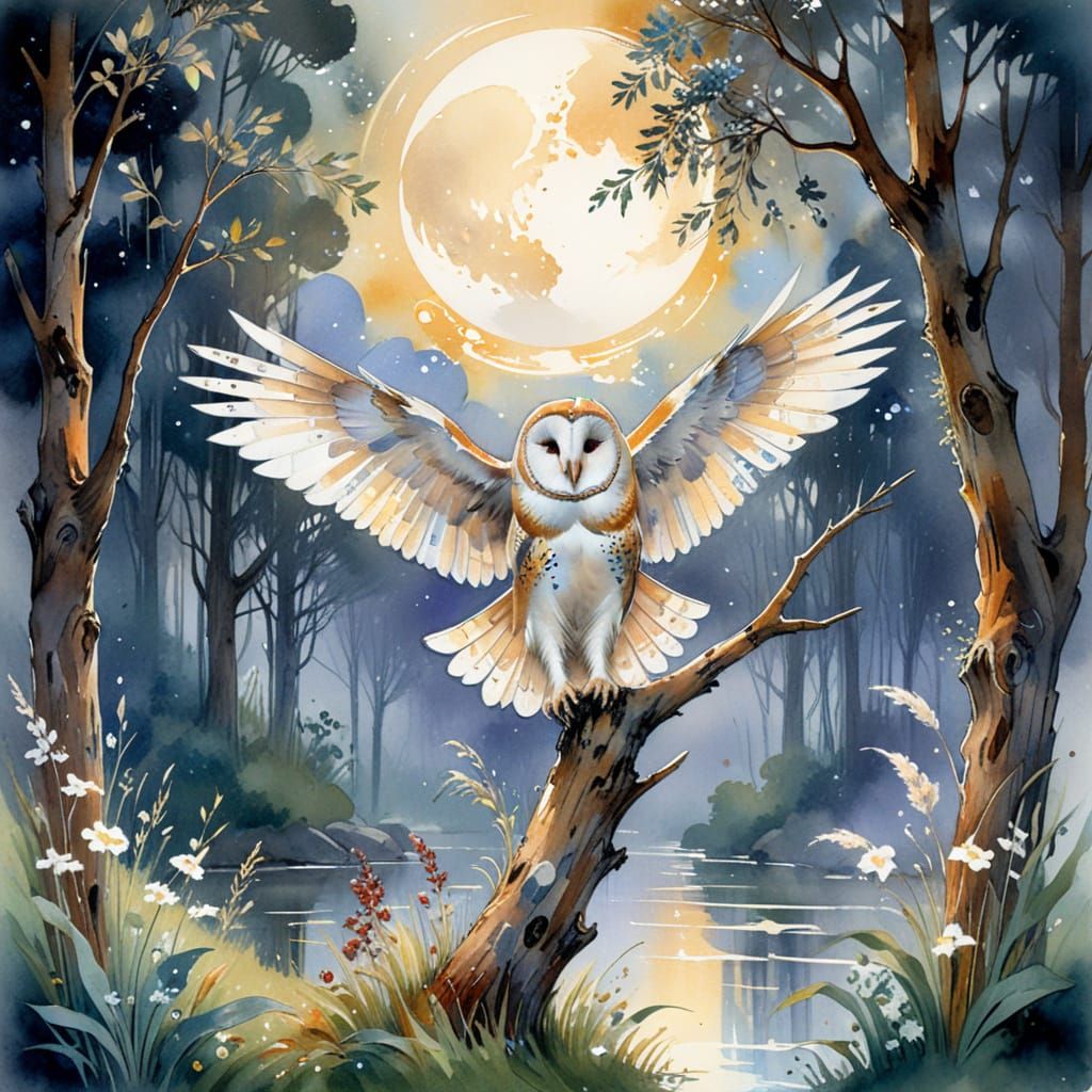 Moonlit Clearing with Barn Owl in Stylized Watercolour