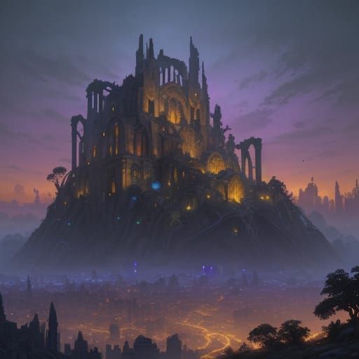 Mystical Ruined Cityscape with Ethereal Glow
