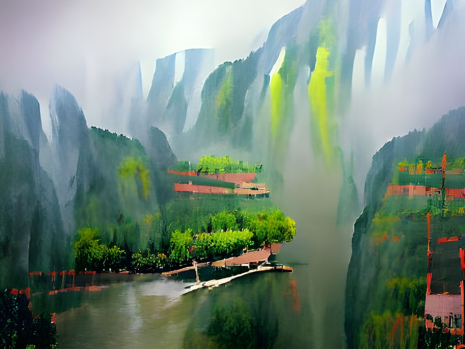 foggy river in rural china