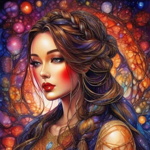Young woman with long braided hair and red glistening lips <lora:PR Stained Glass:1.0> 