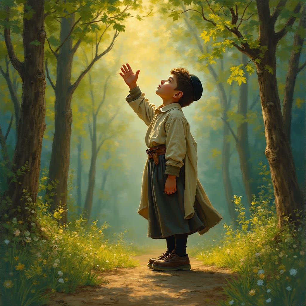 Boy Praying in Forest, Chassidic Art Style