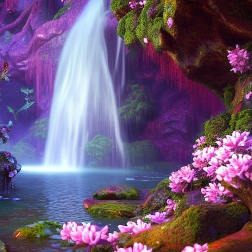 waterfall and flowers - AI Generated Artwork - NightCafe Creator