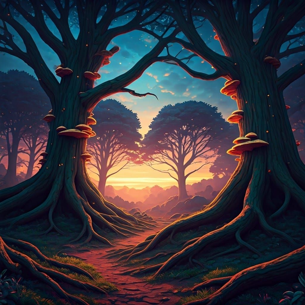 Mystical Glowing Forest at Sunset: Photorealistic Matte Pain...