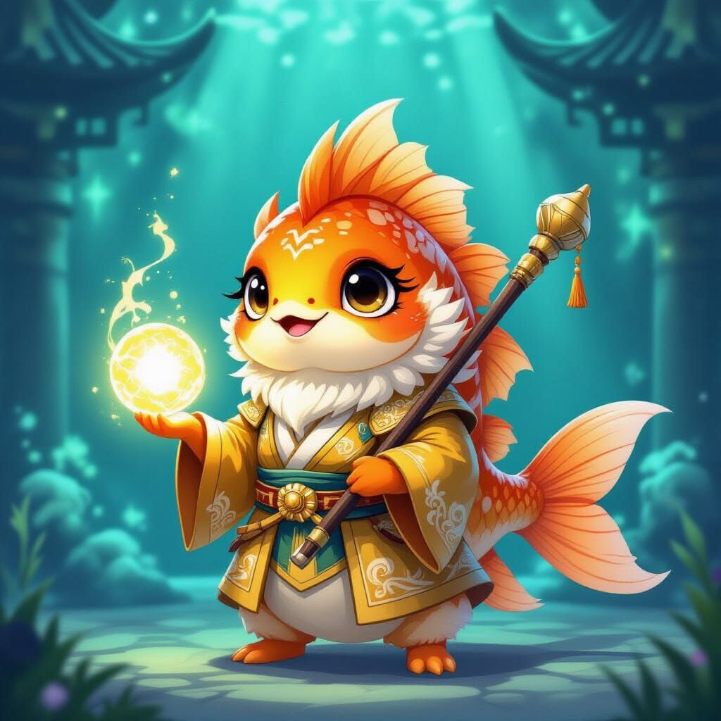 Anthropomorphic Carp Mage Holding Magic Orb in Underwater Pa...