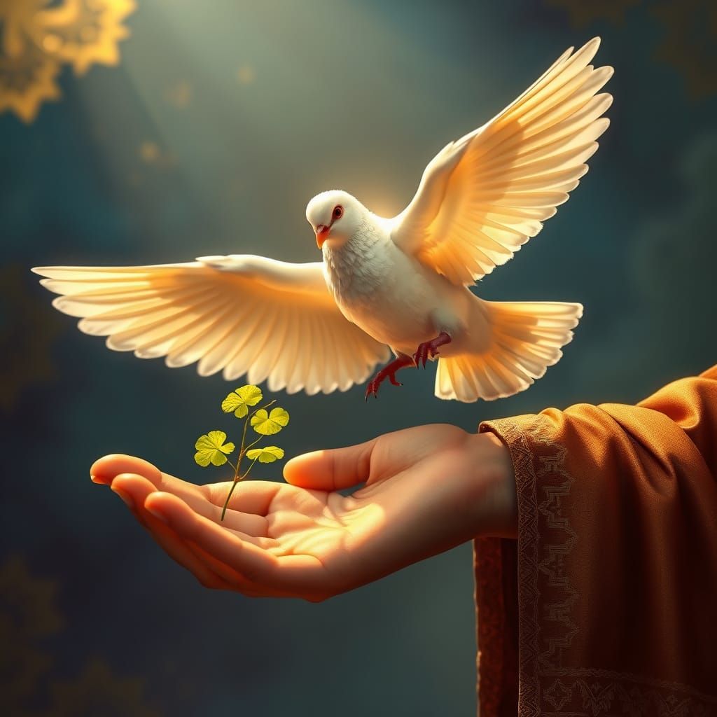 A holy dove landed on christ hand with a clover leaf   by @Goh Kathy