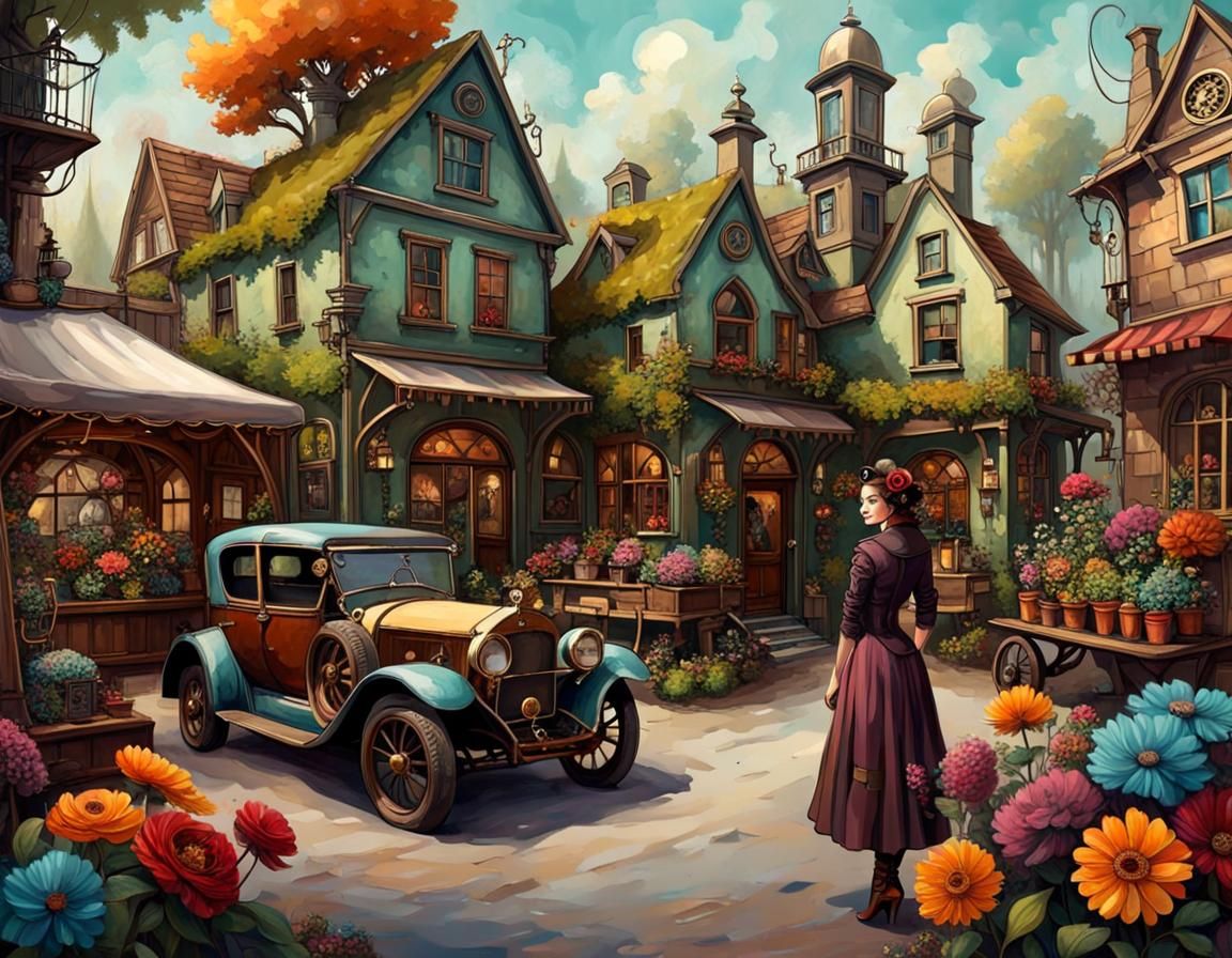 An old Village, Cars, Garden, Trees, A woman in a flower sho...