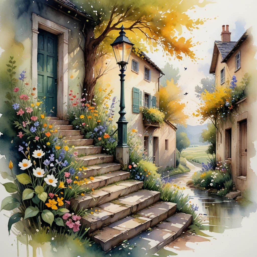 A blooming rural hamlet flourishes under a sky brushed with the pastel tones of dawn. Verdant fields ...  by @Moon