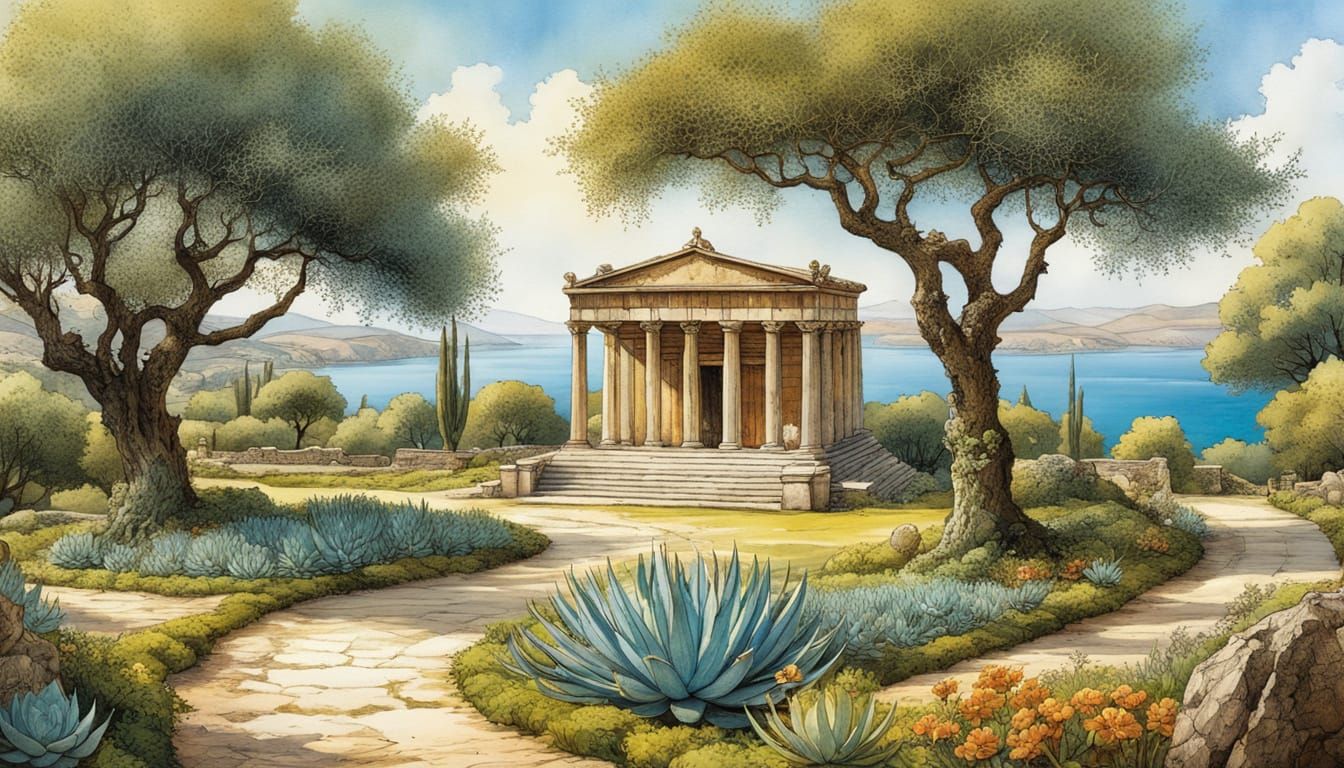 Greek Park with Ancient Temple in Storybook Style