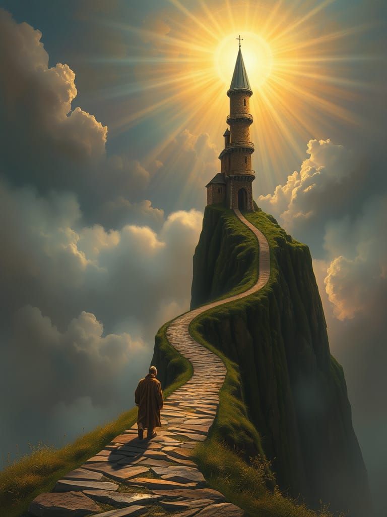 A solitary ascetic with a long white beard walks along a winding, Escher-like path leading to a precarious tower perched on a high cliff. Th... - Start Image 1