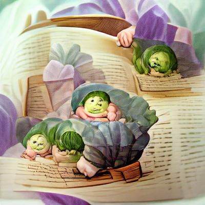 Chubby babies in cabbages storybook illustration