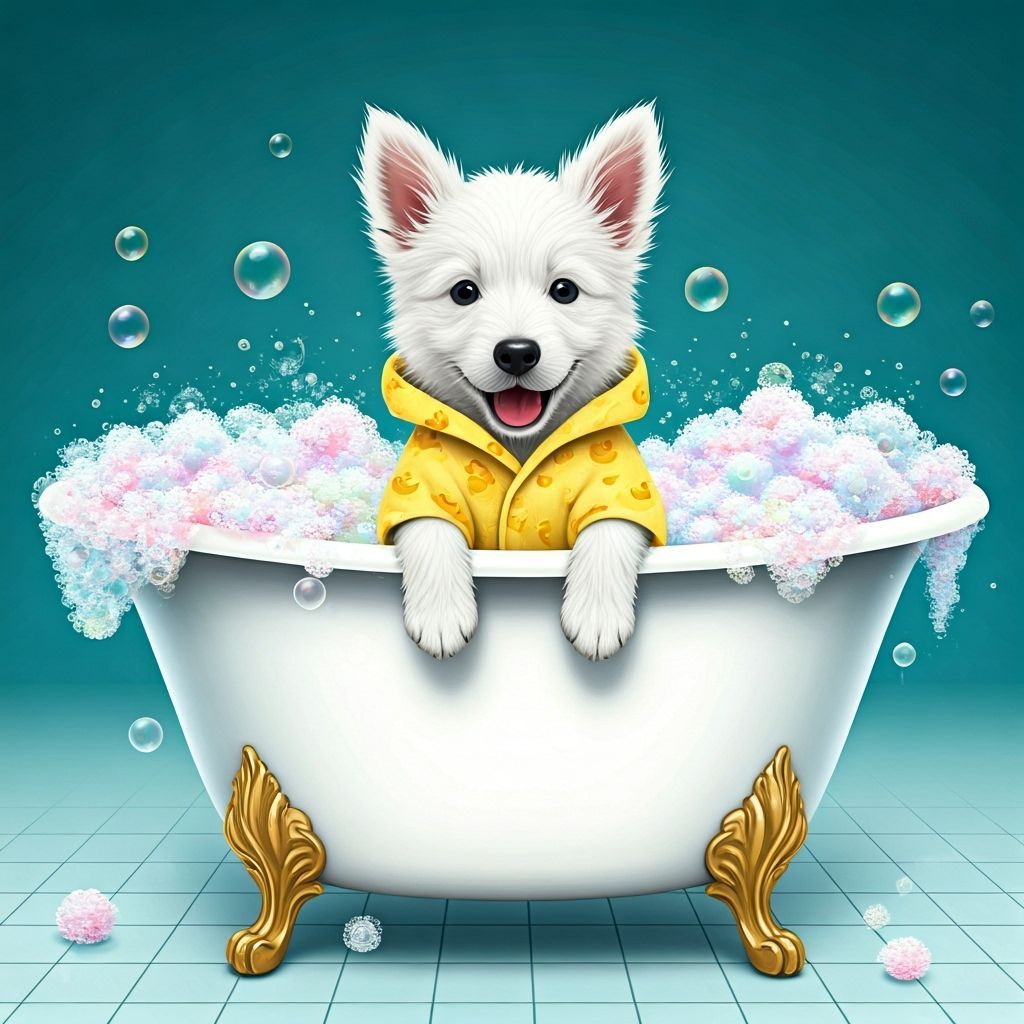 a joyful white puppy frolicking in the bath tub full of bubbles  by @PL