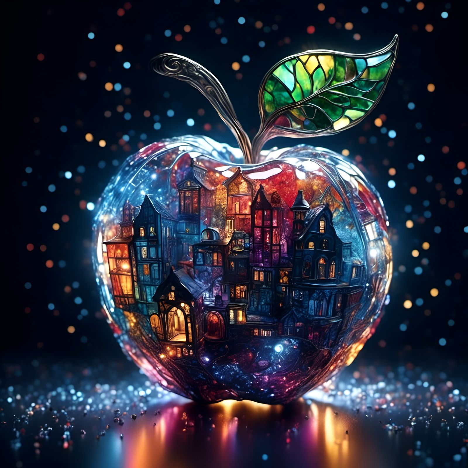 Stained Glass Apple with Fireflies in Gullyism Style