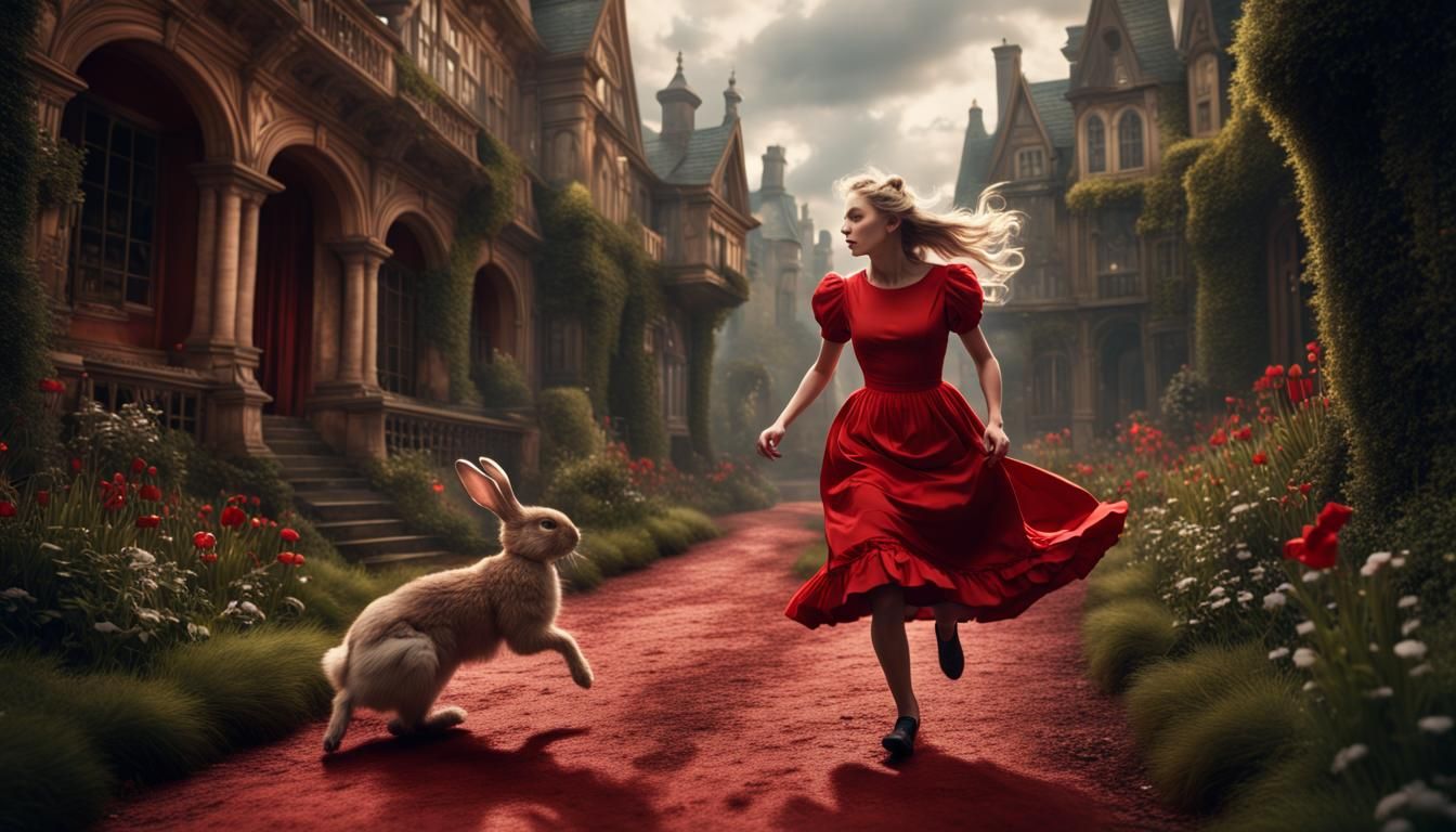 Alice in a red dress running after the rabbit