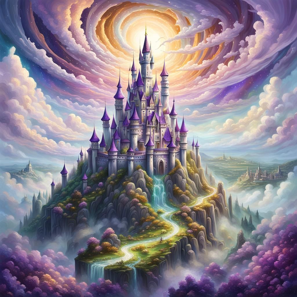 Dreamlike City Floating in Sky as Oil Painting