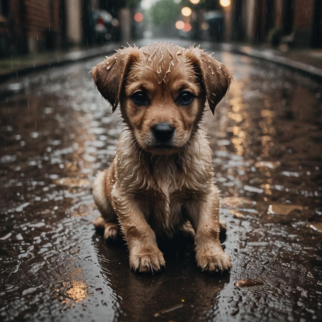 sad, dumped puppy lying in the rain waiting for his owner to...