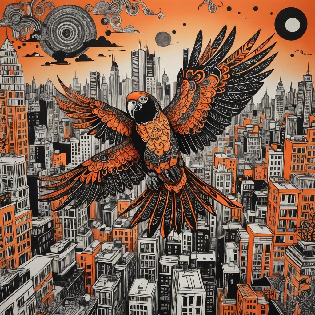 A Parrot flying above the city