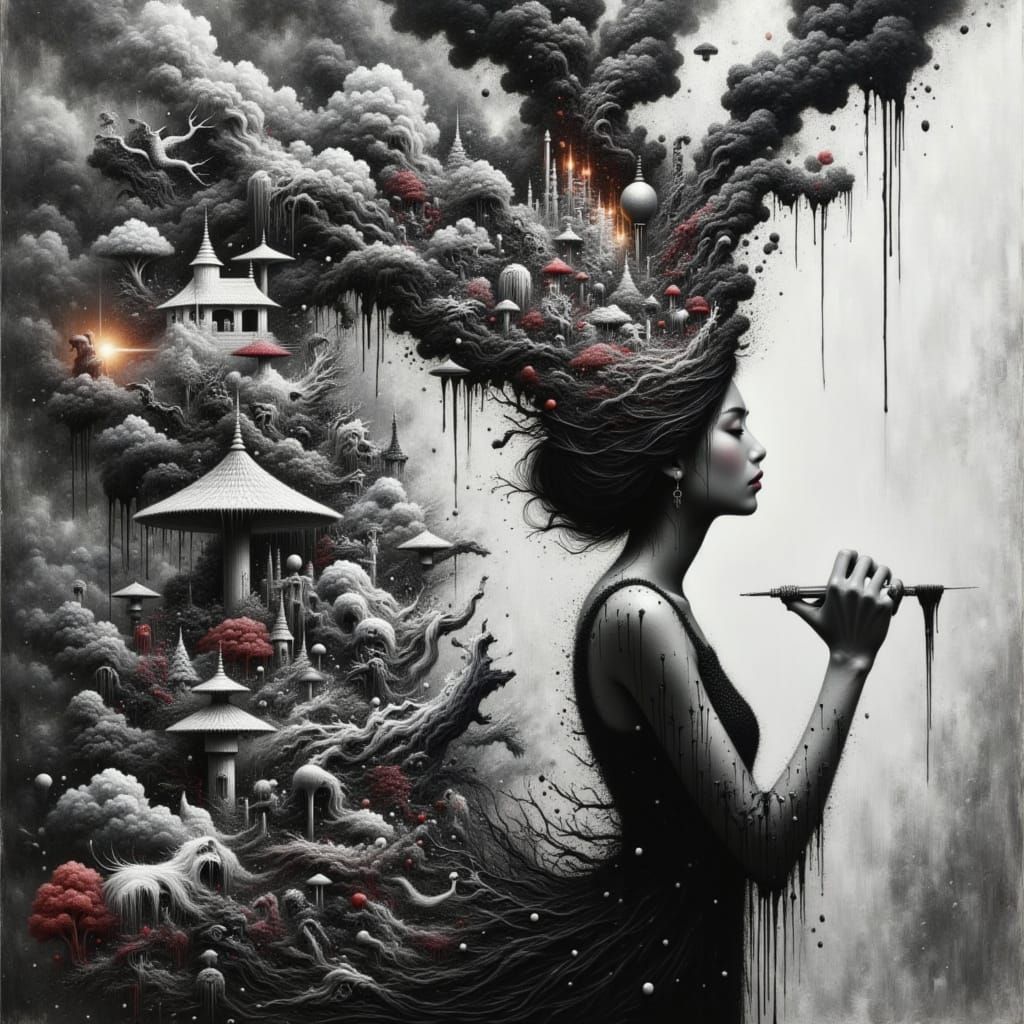 <lora:Elegant Paint Drip:1.0> A Black and White hyper realistic and extremely detailed dripping splatter painting with rough brush strokes. ...