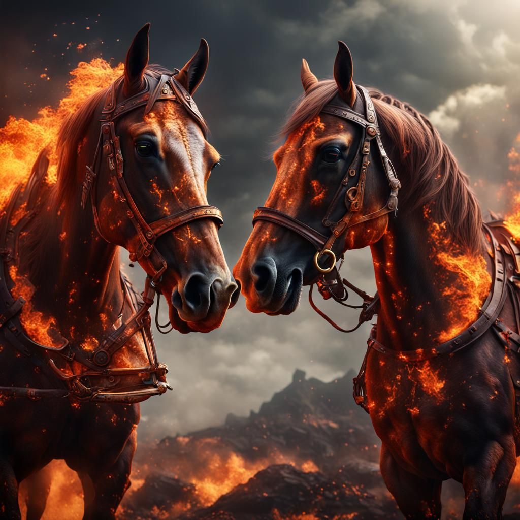 Two horses made out of fire fighting