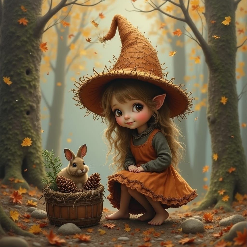create 3D  image of  oil a  little gnome girl wearing a hat made of large spiderwebs she is barefooted,  kneeling in a forest , beside her a...