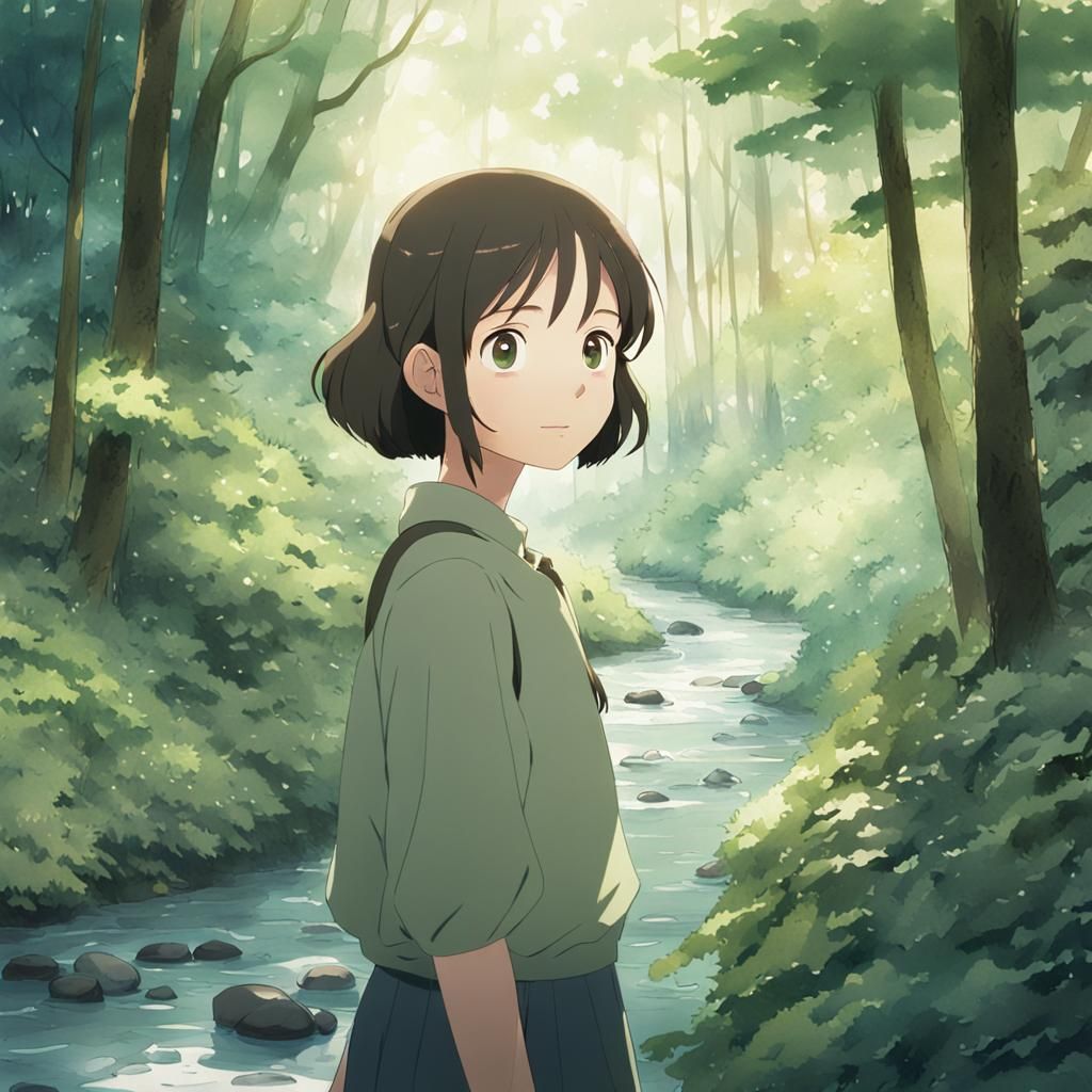 Anime Woman in Forest, Watercolor Style