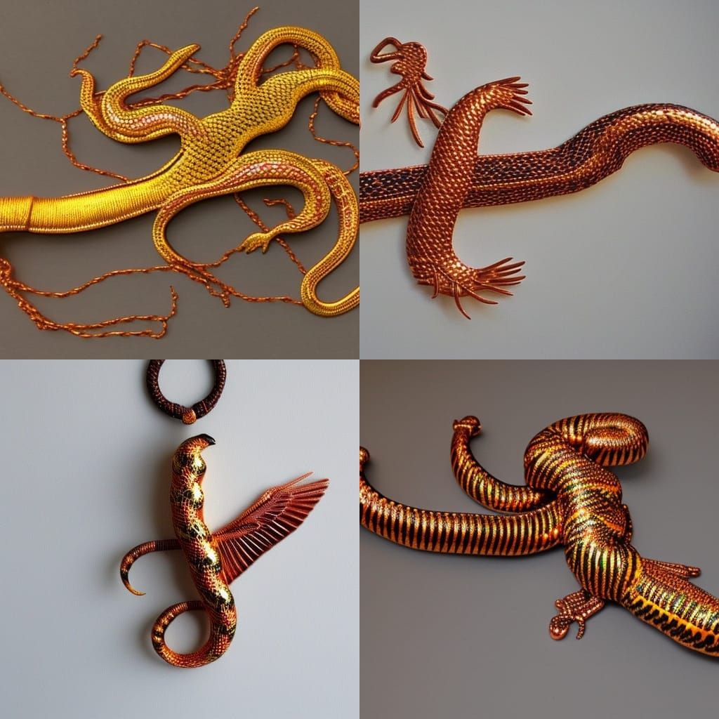 A wonderful flying snake made out of woven copper gold and jewels AI Generated