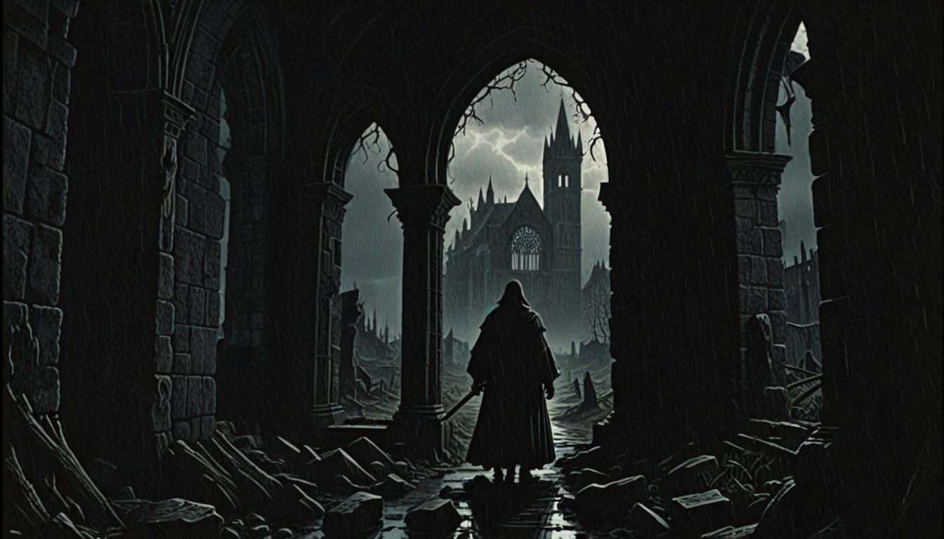 a shadowy figure passing through a gothic ruin in a rainstorm