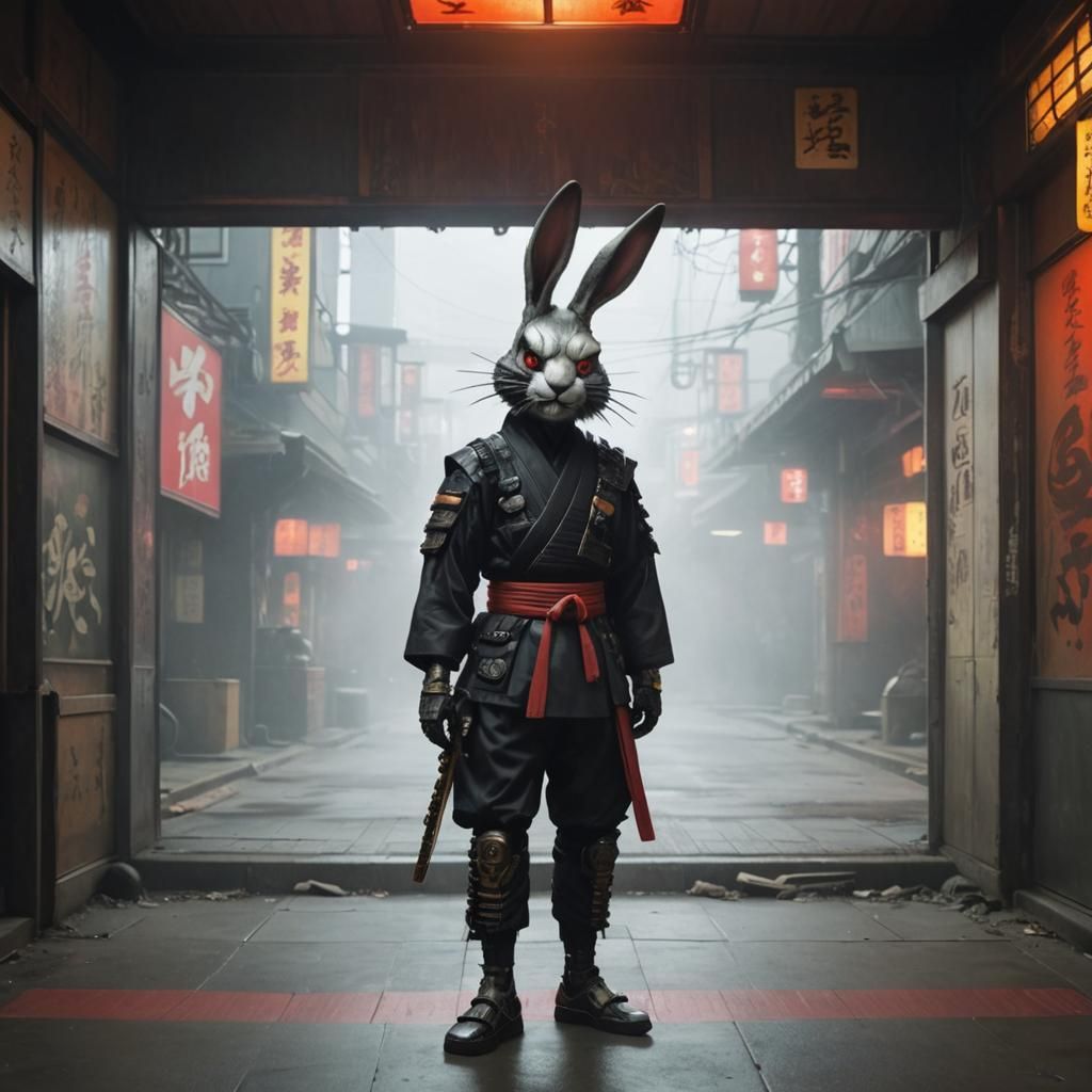 Anthropomorphic rabbit wearing a  samurai suit and a Japanes...