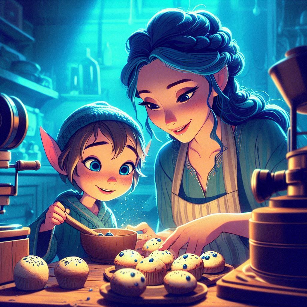 Elf making blueberry Muffins with mom