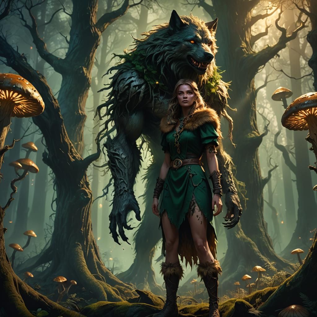 Werewolf Girl in Mystical Forest: Art Nouveau Style