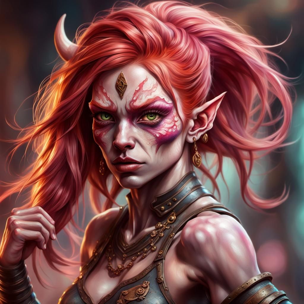 Redheaded pink eyed muscular goblin dancer girl