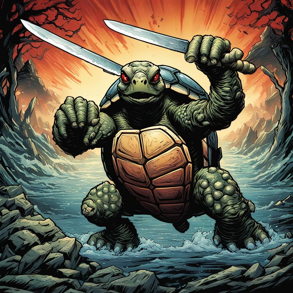 angry turtle with two bloody knives