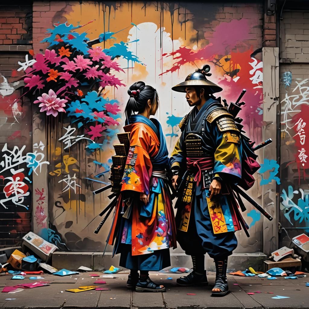 A Samurai saying goodbye to his wife as he heads off to war.