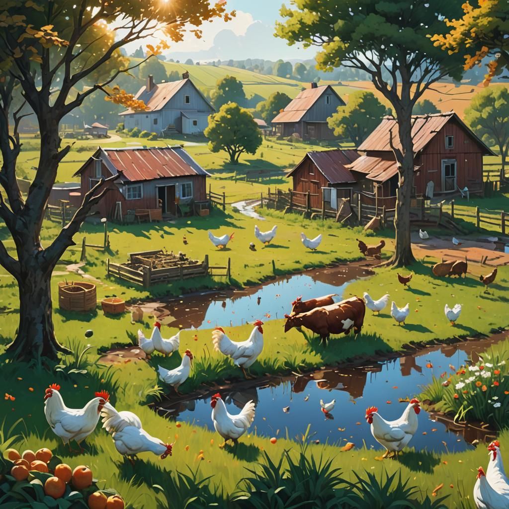 Idyllic Village Scene with Farm Animals in Oil Painting Styl...