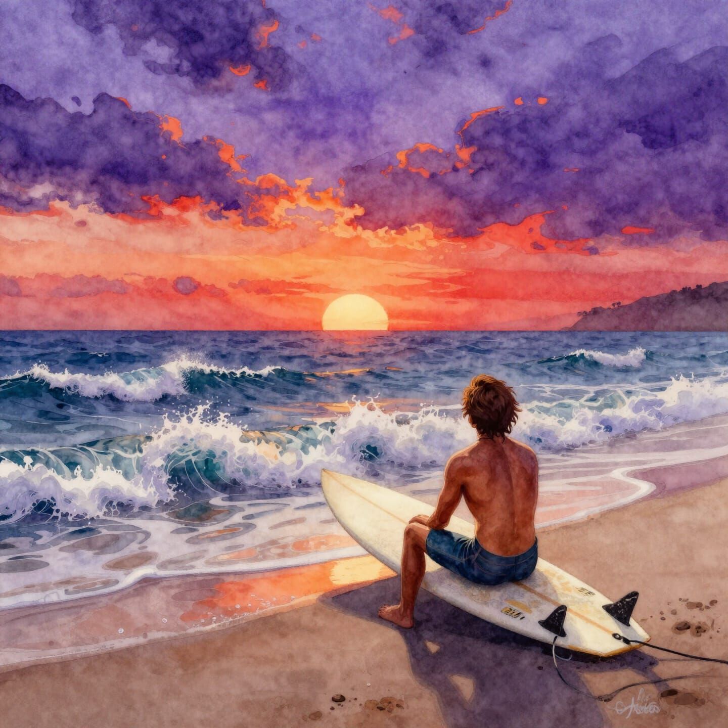 A surfer with his surfing table watching at the distance the sunset in purple, orange  and red on a rage ...  by @Marv