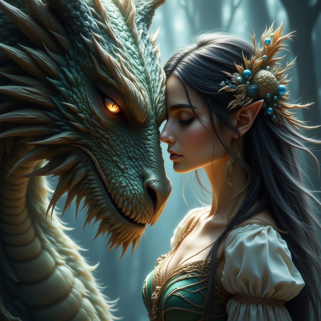 Elf Warrior and Dragon in Mystical Encounter