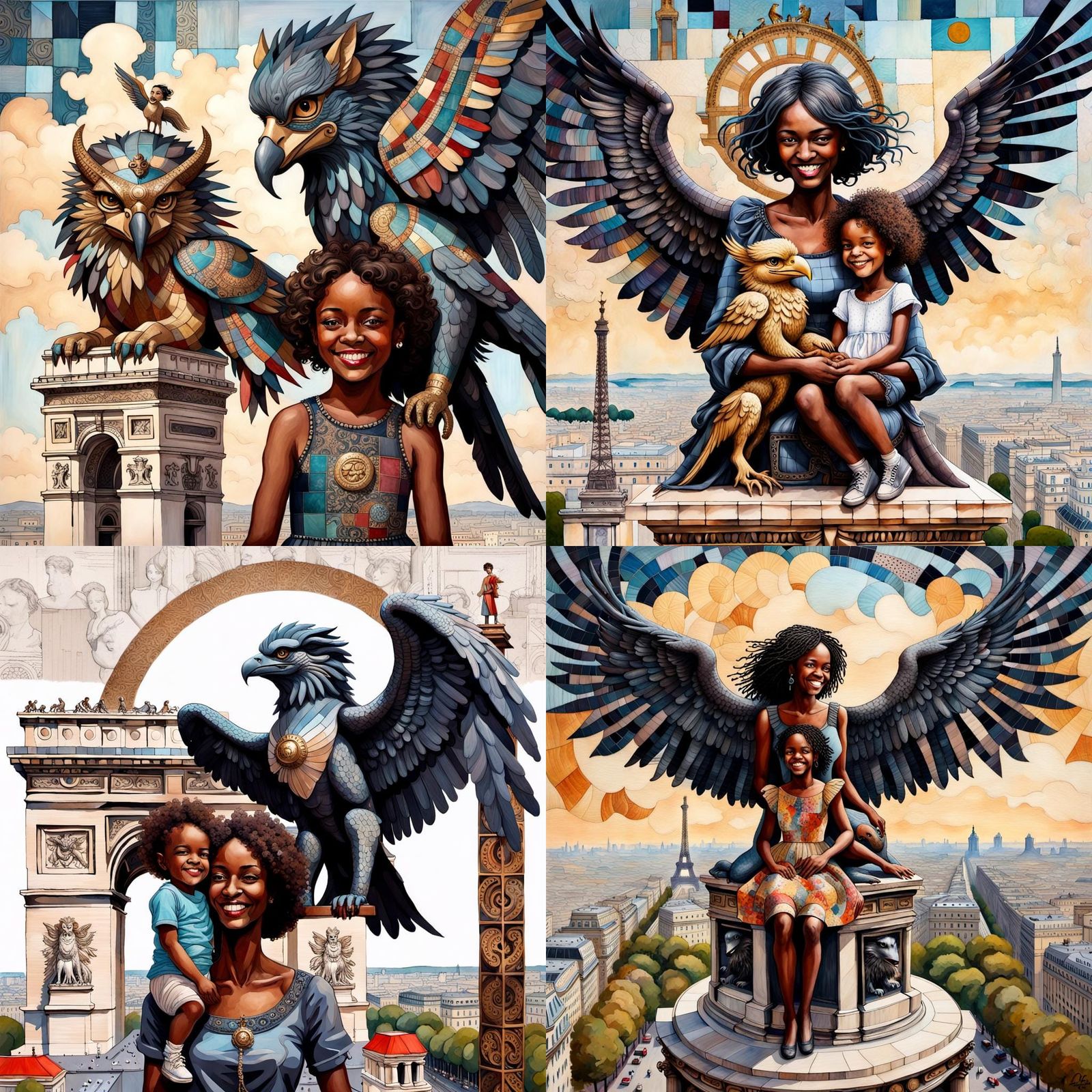 smiling dark woman and child with large gryphon on top of the Arc de Triomphe. Surreal embellished patchwork mixed media