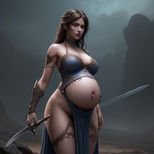 Beautiful pregnant women with sword fighting battle.