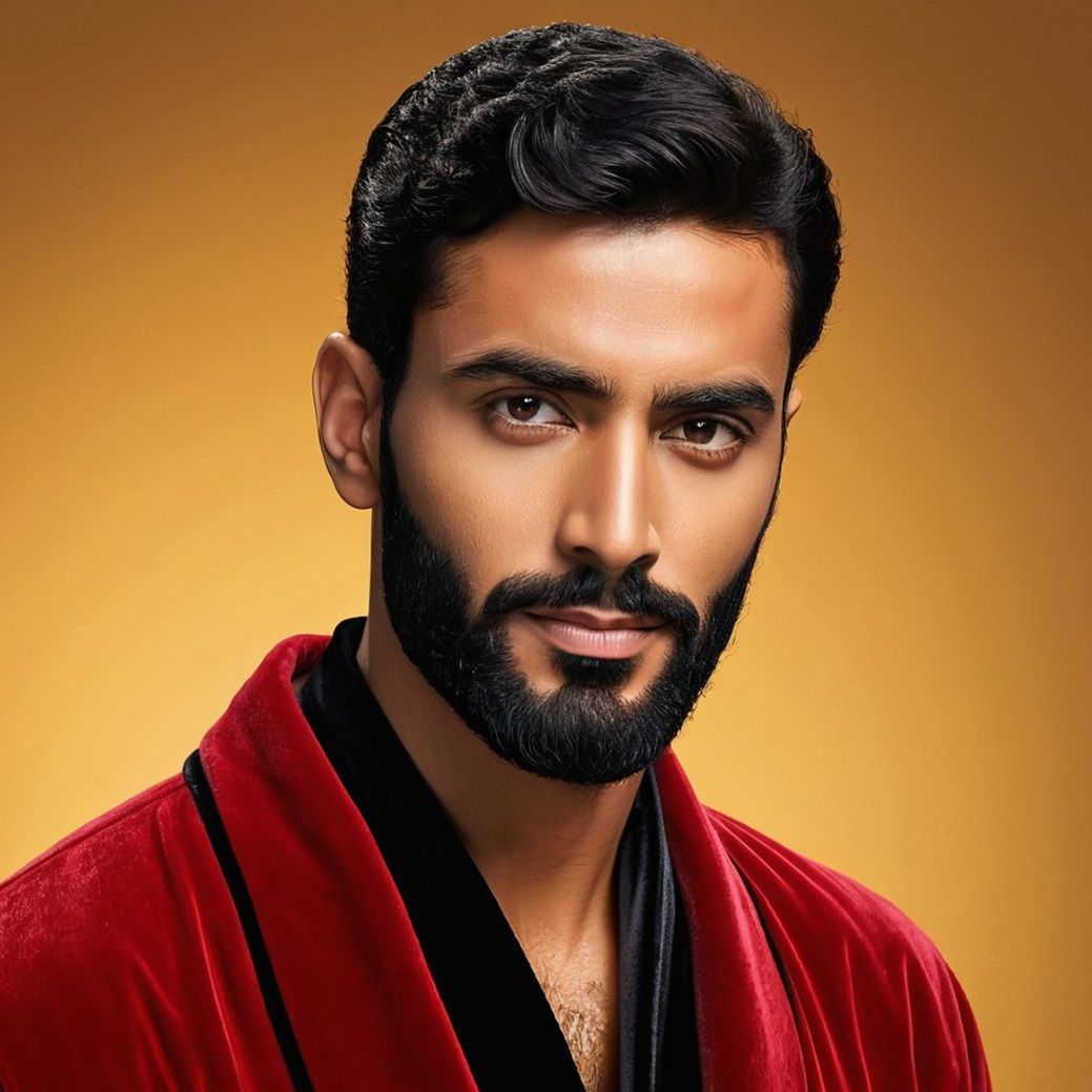 A handsome  serious man with   black  hair and beard  wearin...