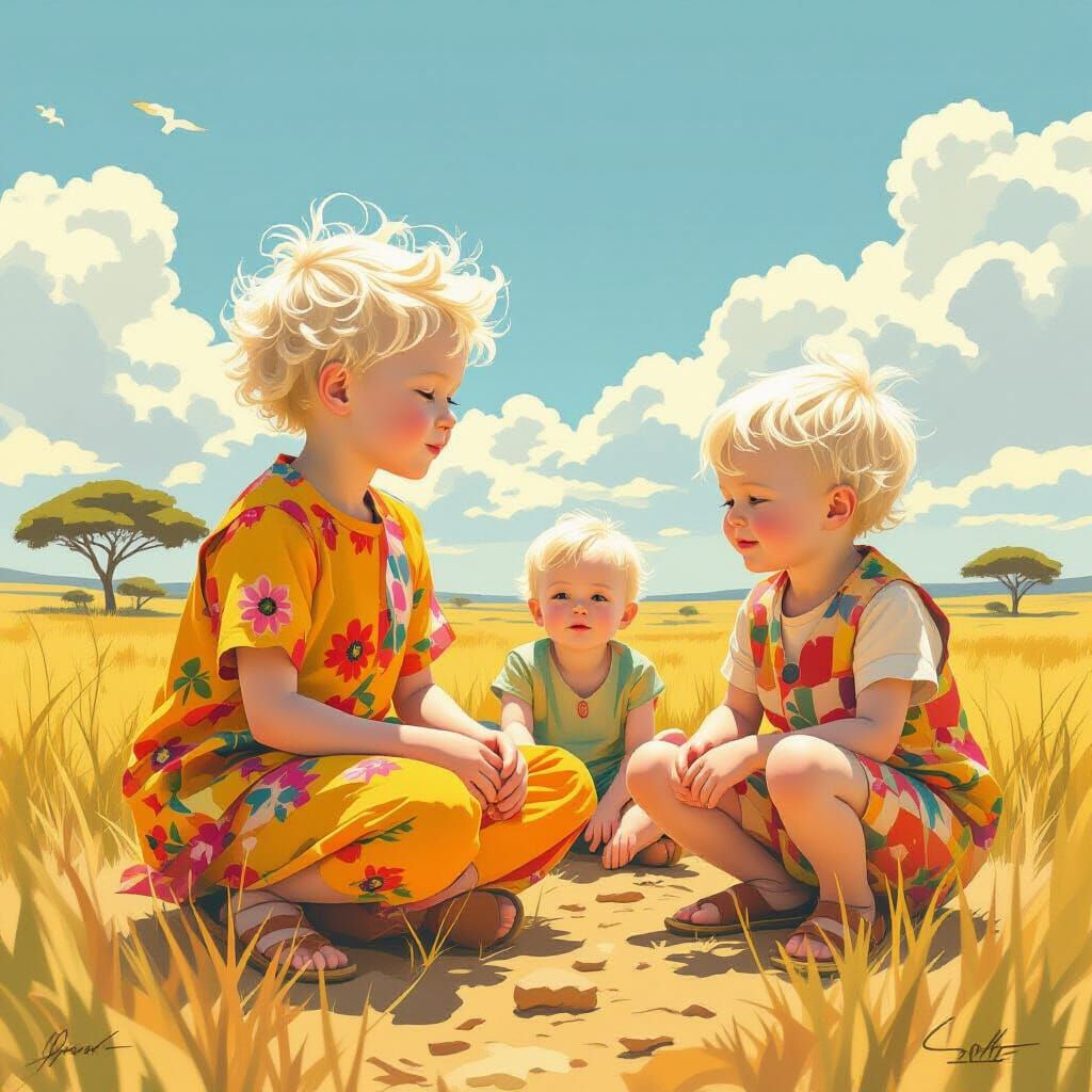 Albino Children Playing in Sunny Savannah: Digital Art