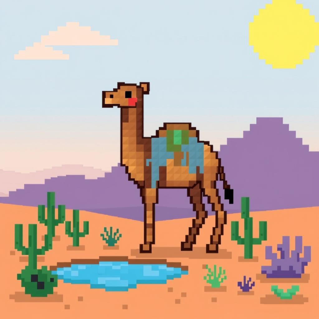 Pixel Art Camel in Desert Oasis
