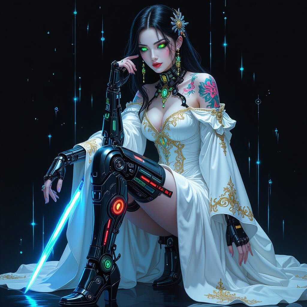 a cinematic photo of a captivating cyberpunk woman with intricately designed cybernetic enhancements merging seamlessly with medieval fantas...